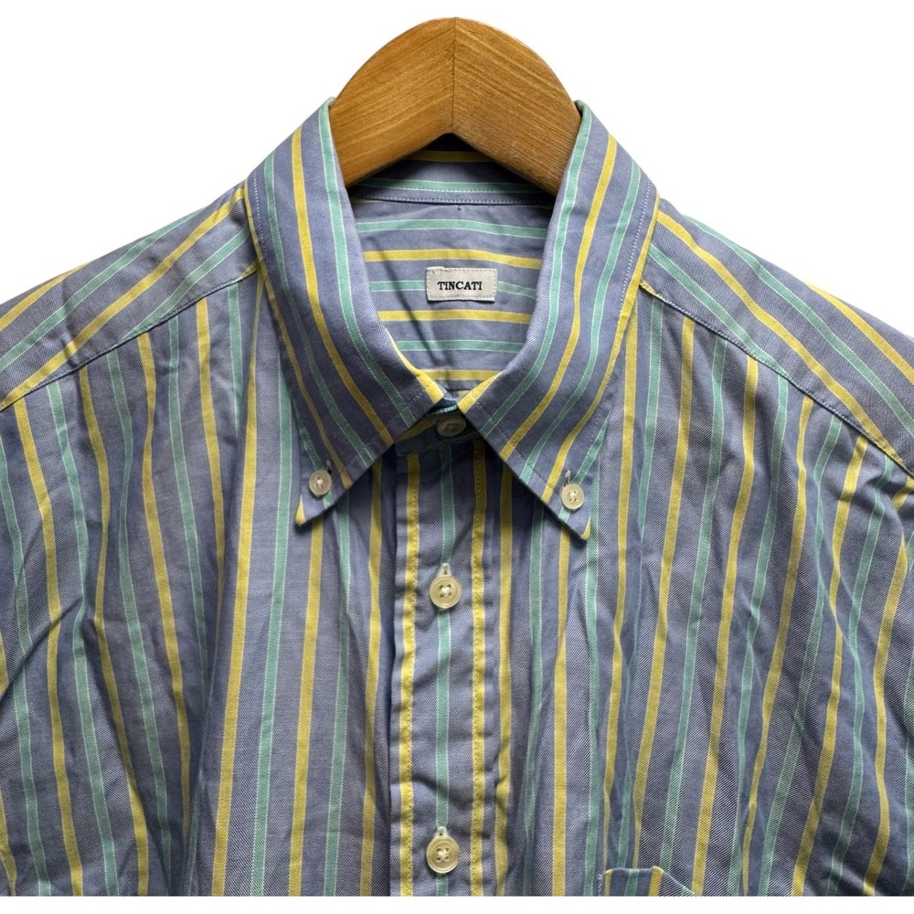 Tincati Men's Sz XL Blue/Yellow/Green Striped Button Down Cotton Dress Shirt euc